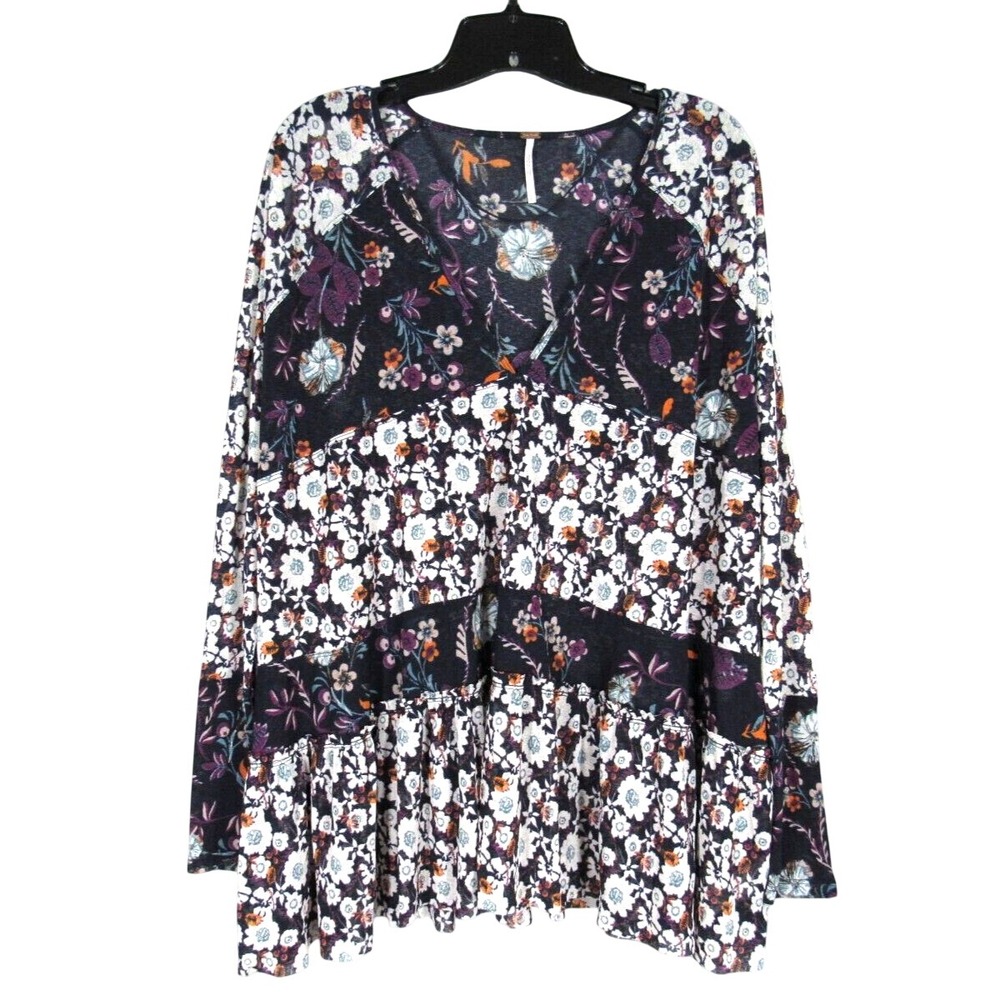 FREE PEOPLE Isabelle NAVY/MULTI FLORAL Chiffon V-NECK Babydoll Tunic Top Sz S